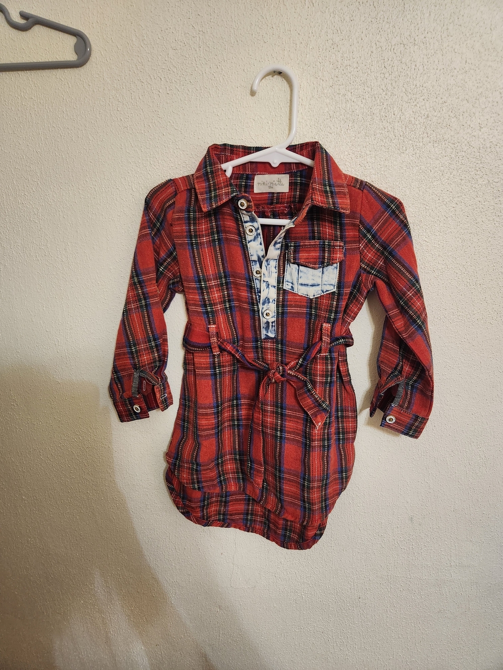 Girls' Red Plaid Button-Front Shirt Dress with Waist Tie